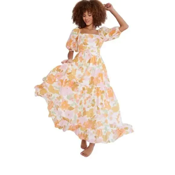 MILLE Manon Floral Cotton Tiered Maxi Dress Puff Sleeve Smocked Tuckernuck - Picture 7 of 15